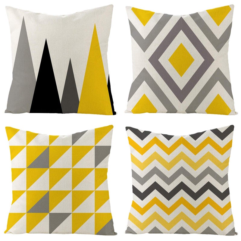 Tosewever Set of 4 Decorative Geometric Yellow Grey 18 x 18 Inches Throw Pillow Covers - Modern Pattern Linen Square Pillow Cushion Case for Sofa Couch Bed Home Decor Outdoor (18"" x 18""  Yellow/Gray) - Image 1